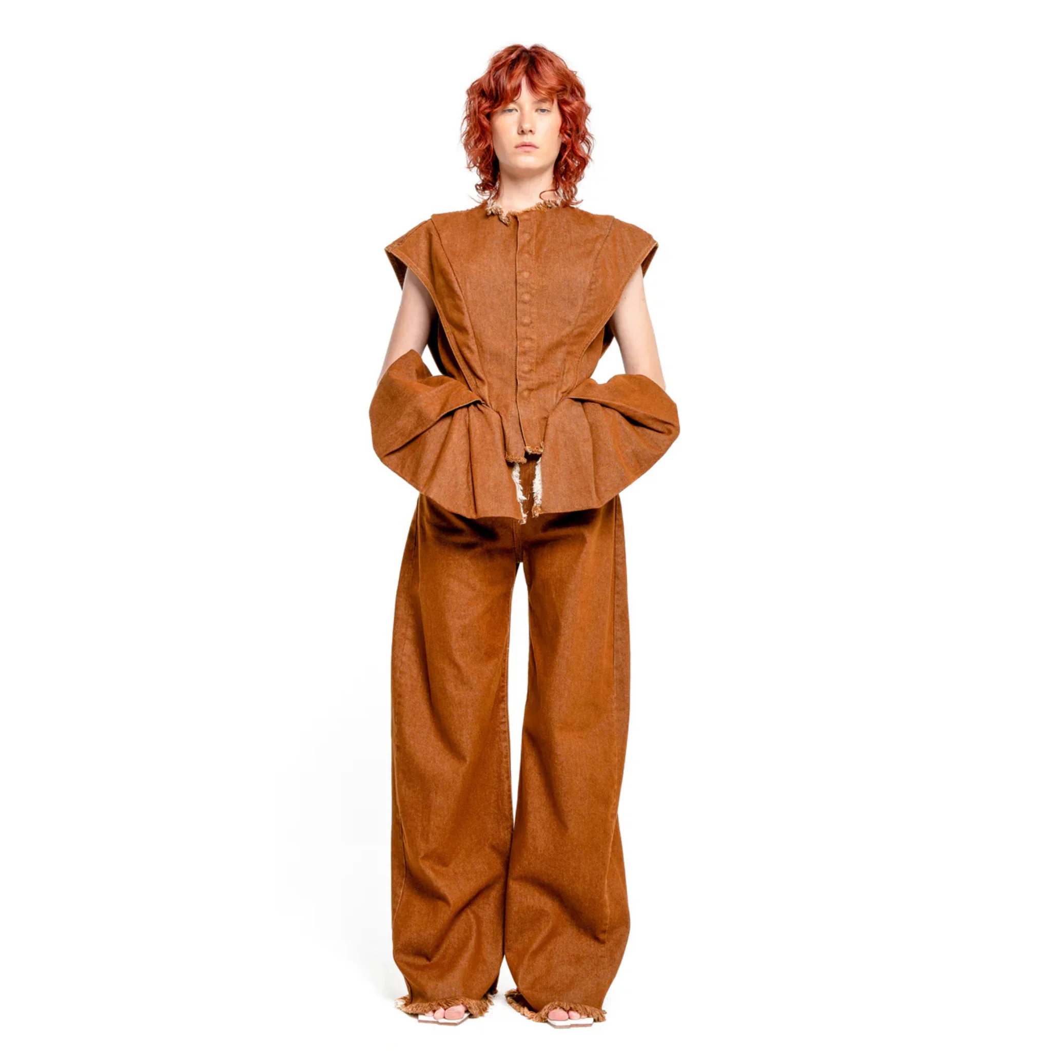 Brown Denim Structure Shoulder Cinched Top - Image 2