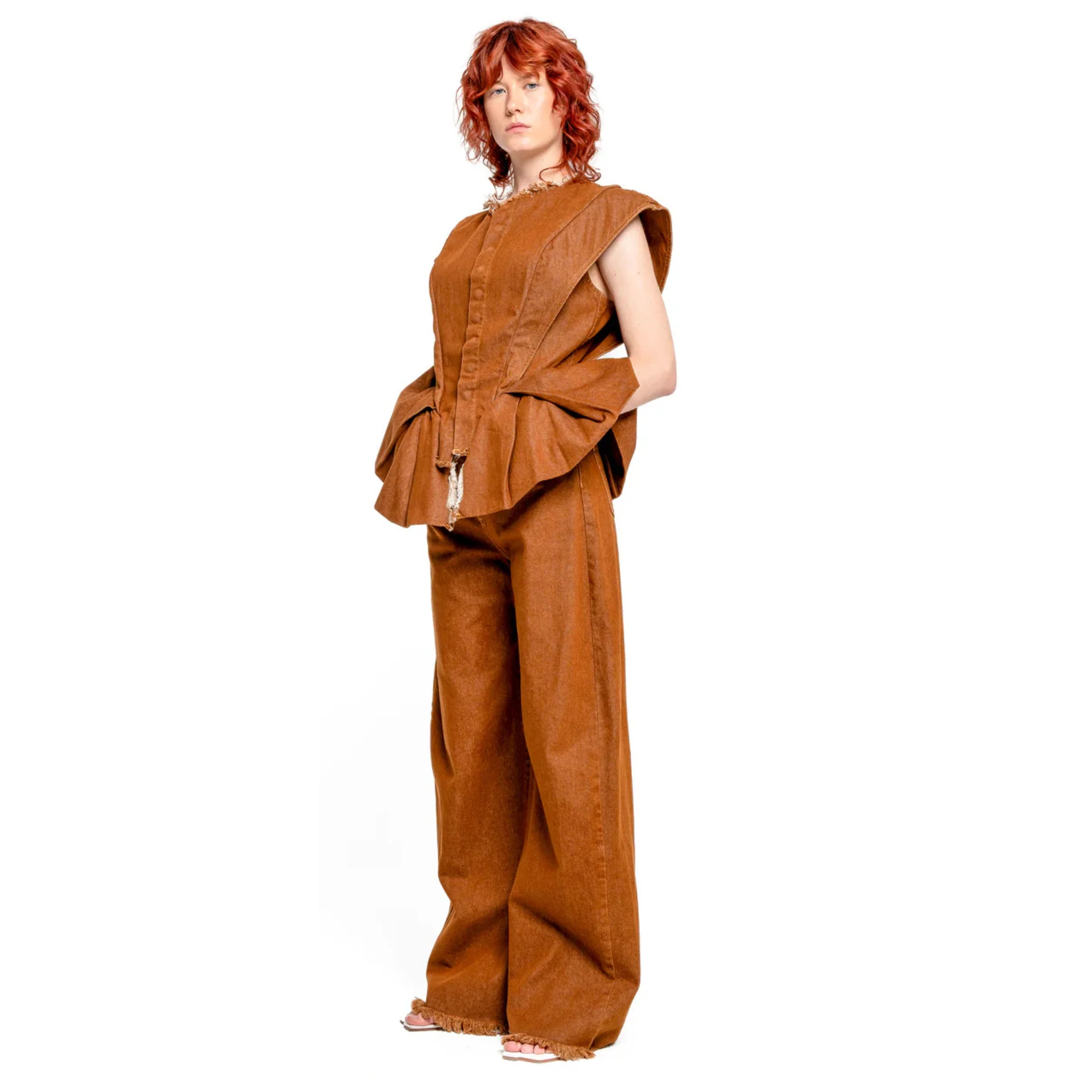 Brown Denim Structure Shoulder Cinched Top - Image 3