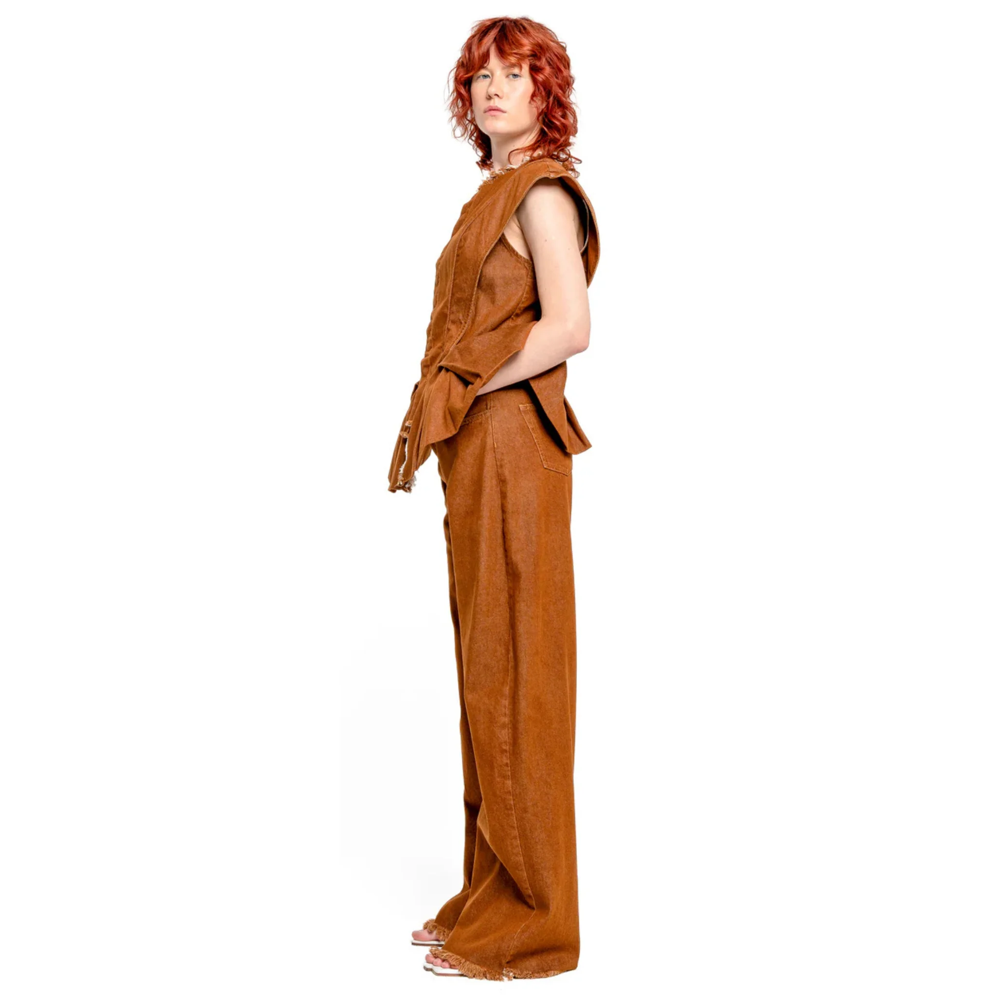 Brown Denim Structure Shoulder Cinched Top - Image 4