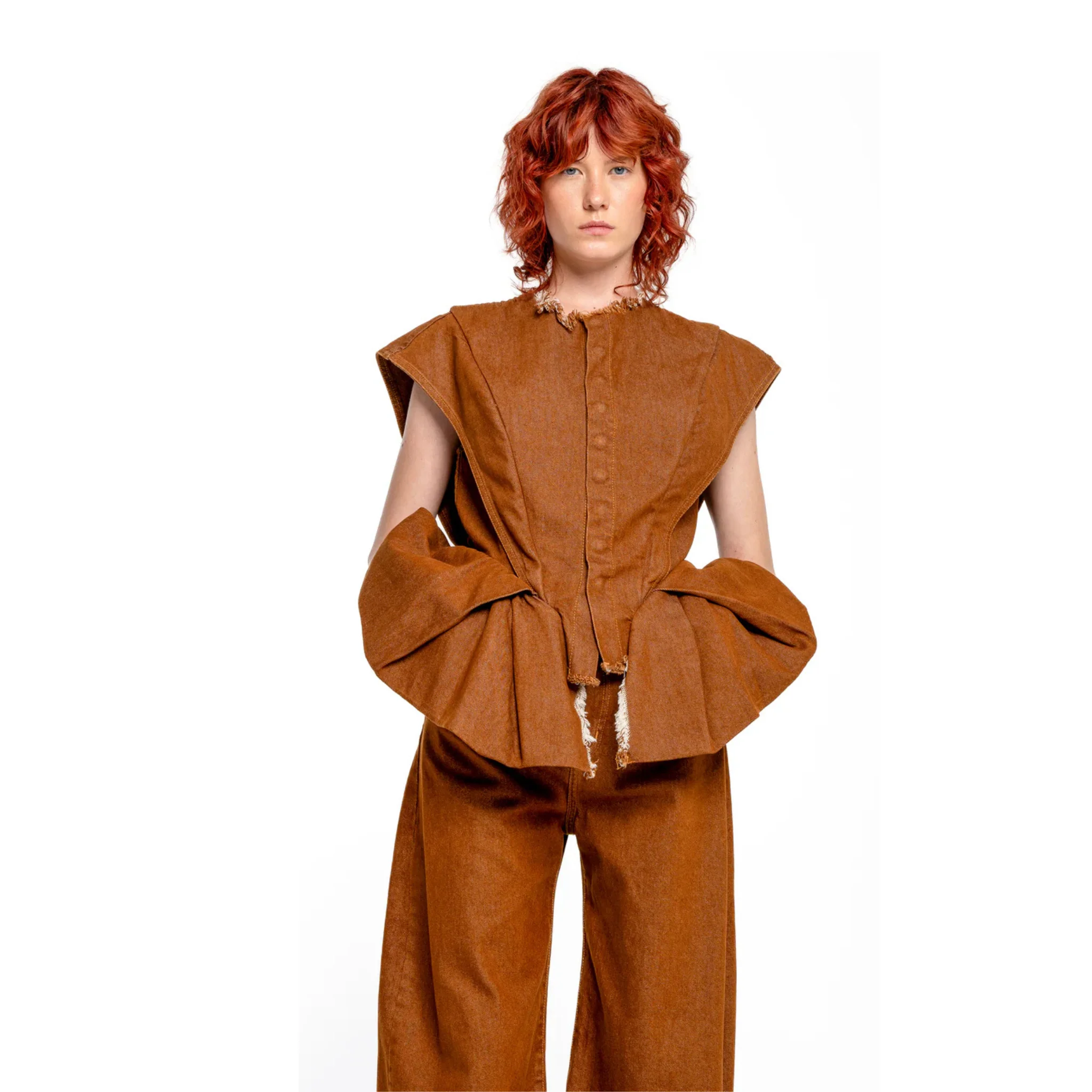 Brown Denim Structure Shoulder Cinched Top - Image 5