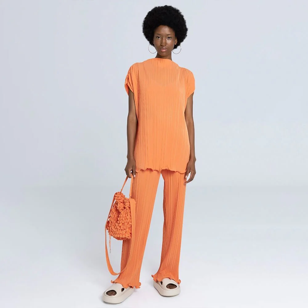 Pleated Straight Leg Trousers - Orange - Image 2