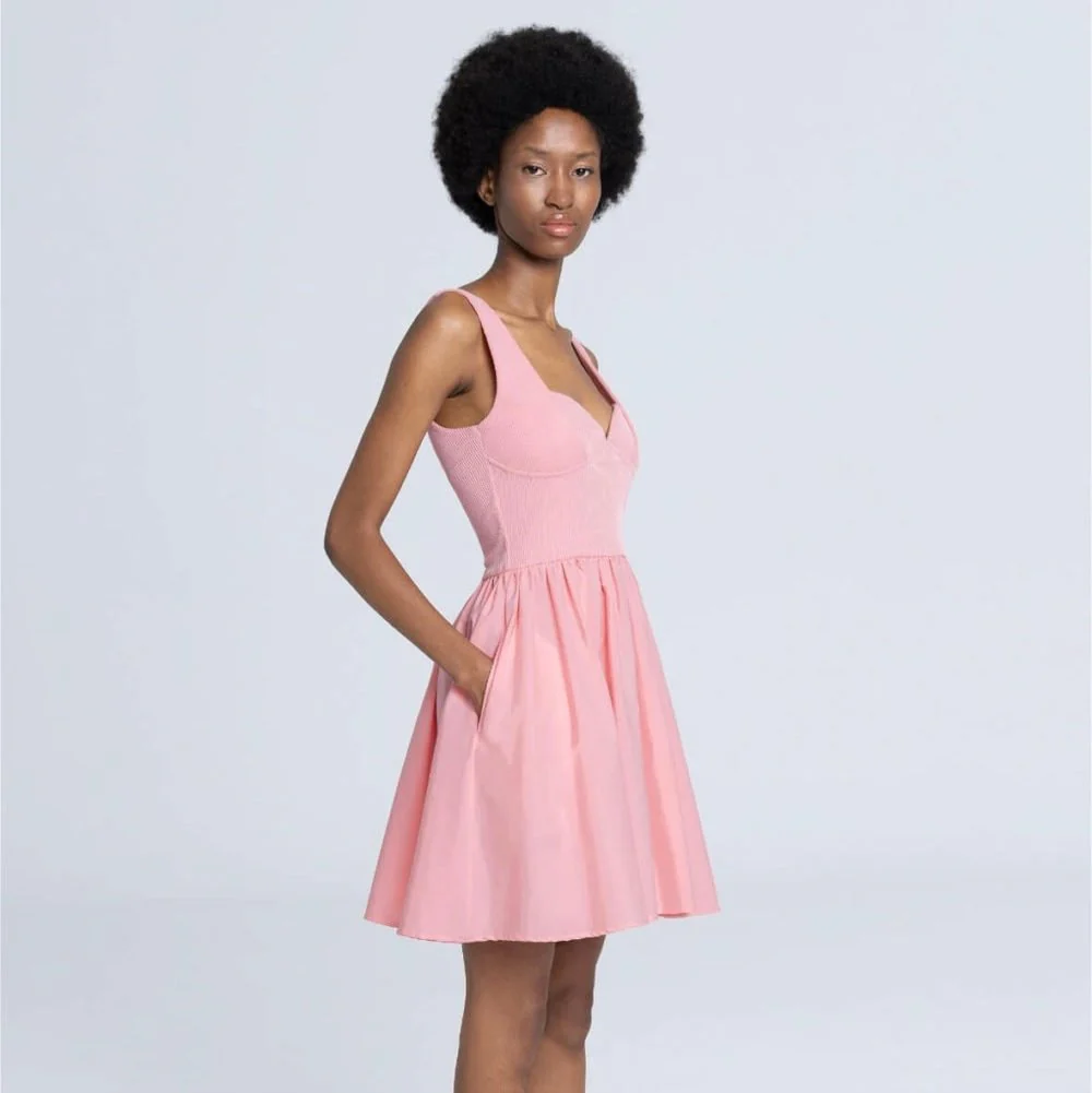 Poplin and Rib Mini Dress - Pink - Image 3