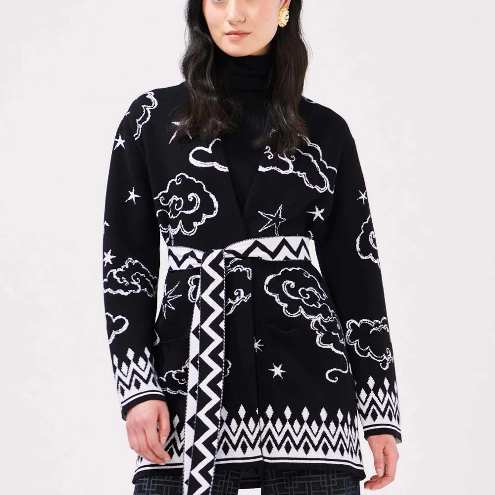 Cotton Jacquard Cardigan - Lucky Clouds Black - Image 2