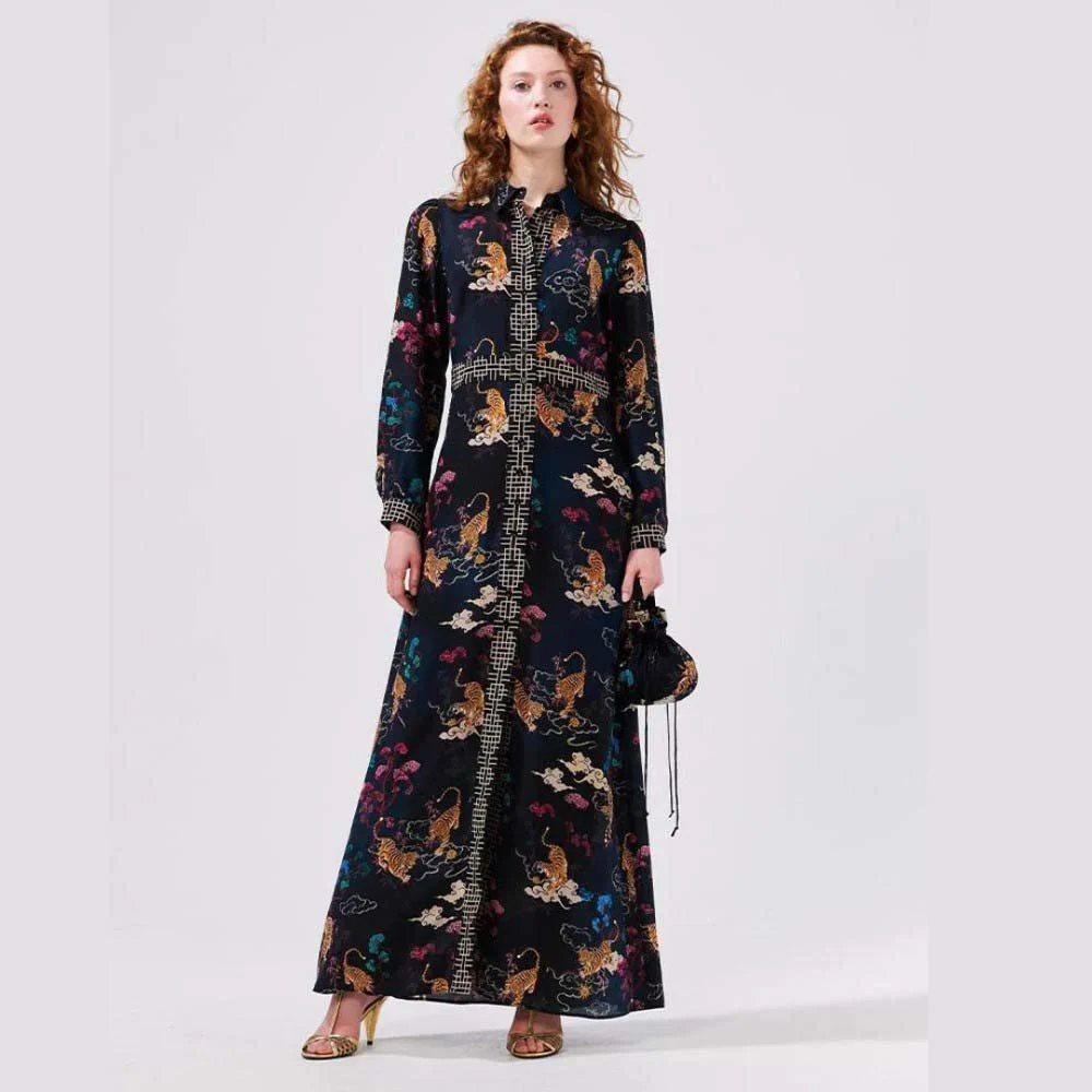Long Sleeve Silk Maxi Shirt Dress - Courageous Tiger Black - Image 2