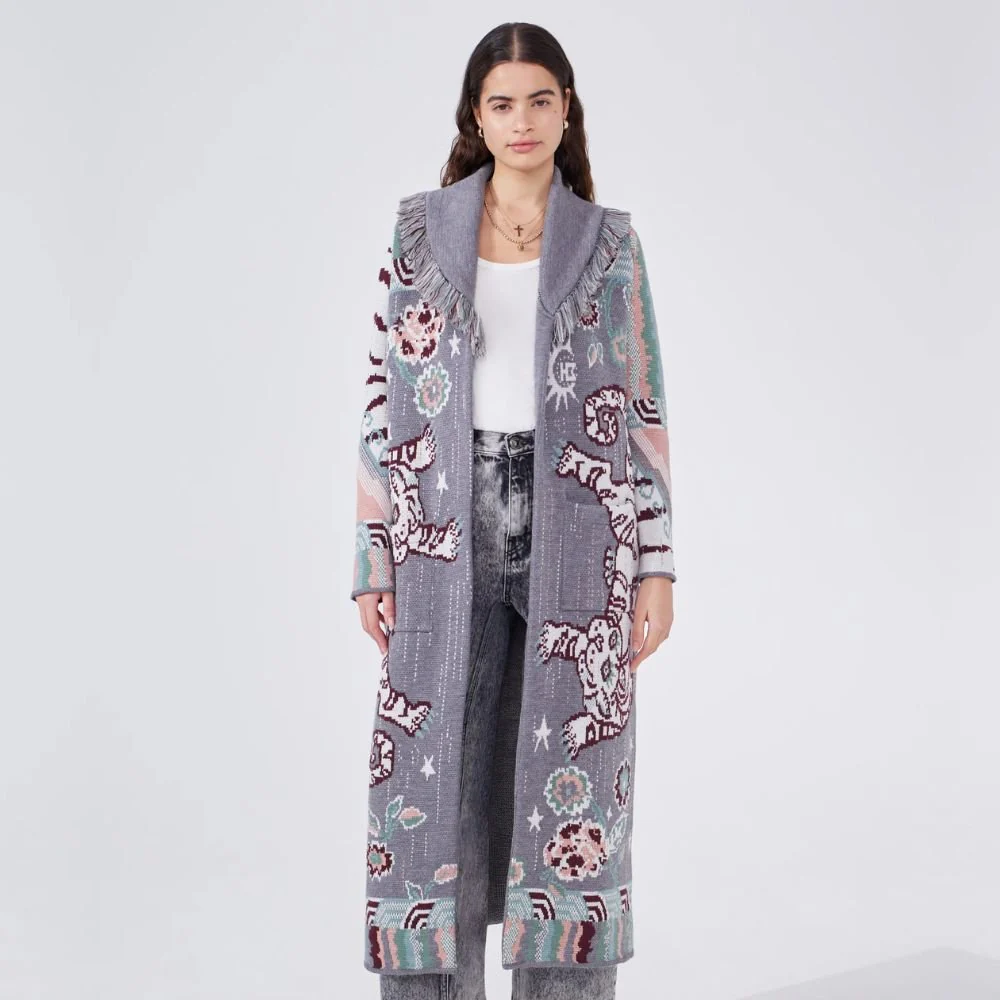 Merino Jacquard Long Cardigan Tibetan Tiger - Grey - Image 2