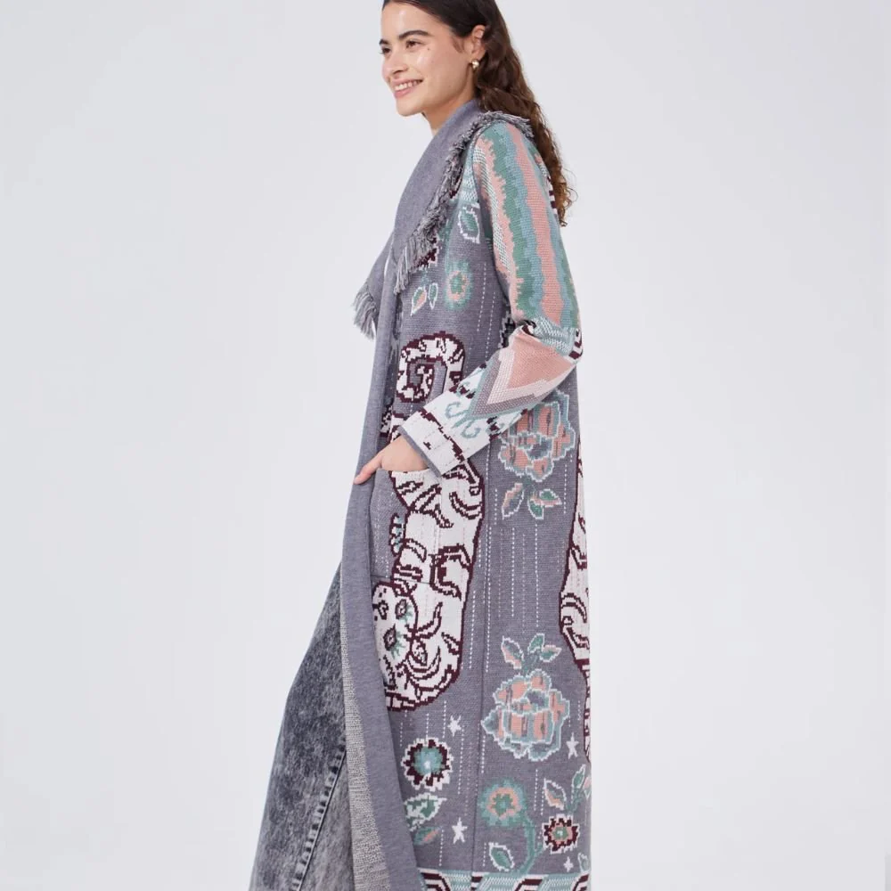 Merino Jacquard Long Cardigan Tibetan Tiger - Grey - Image 3