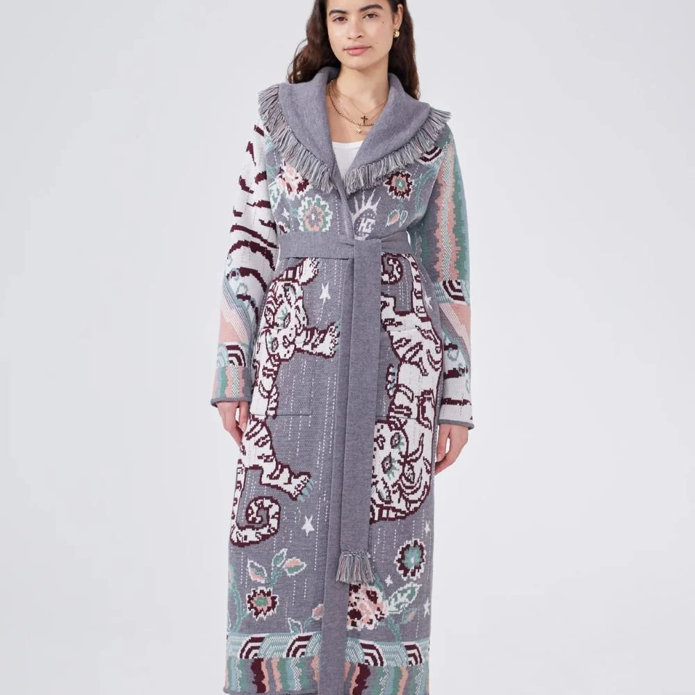 Merino Jacquard Long Cardigan Tibetan Tiger - Grey - Image 4