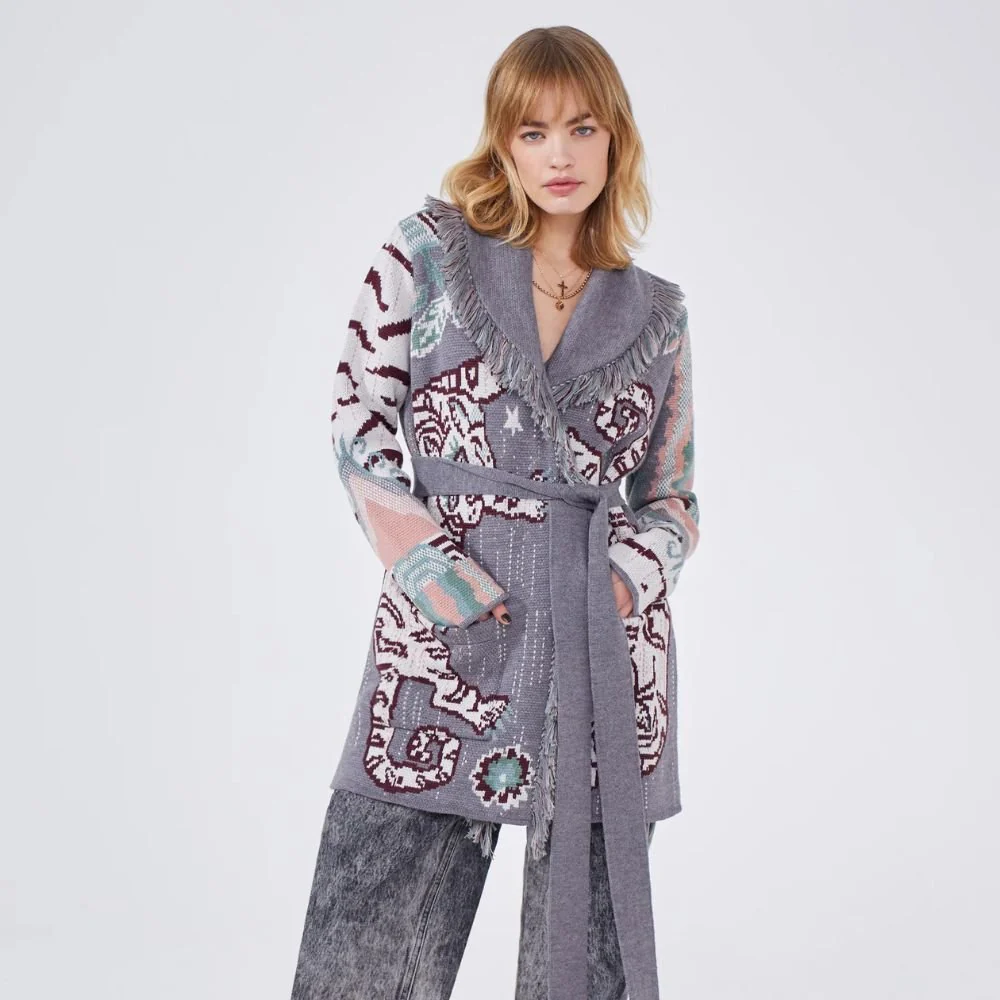 Merino Jacquard Short Cardigan Tibetan Tiger - Grey - Image 2