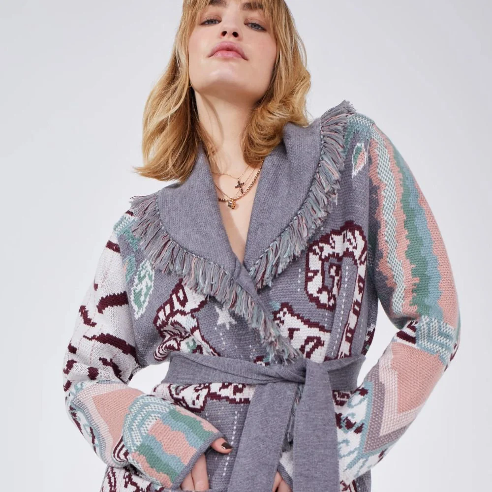 Merino Jacquard Short Cardigan Tibetan Tiger - Grey - Image 4