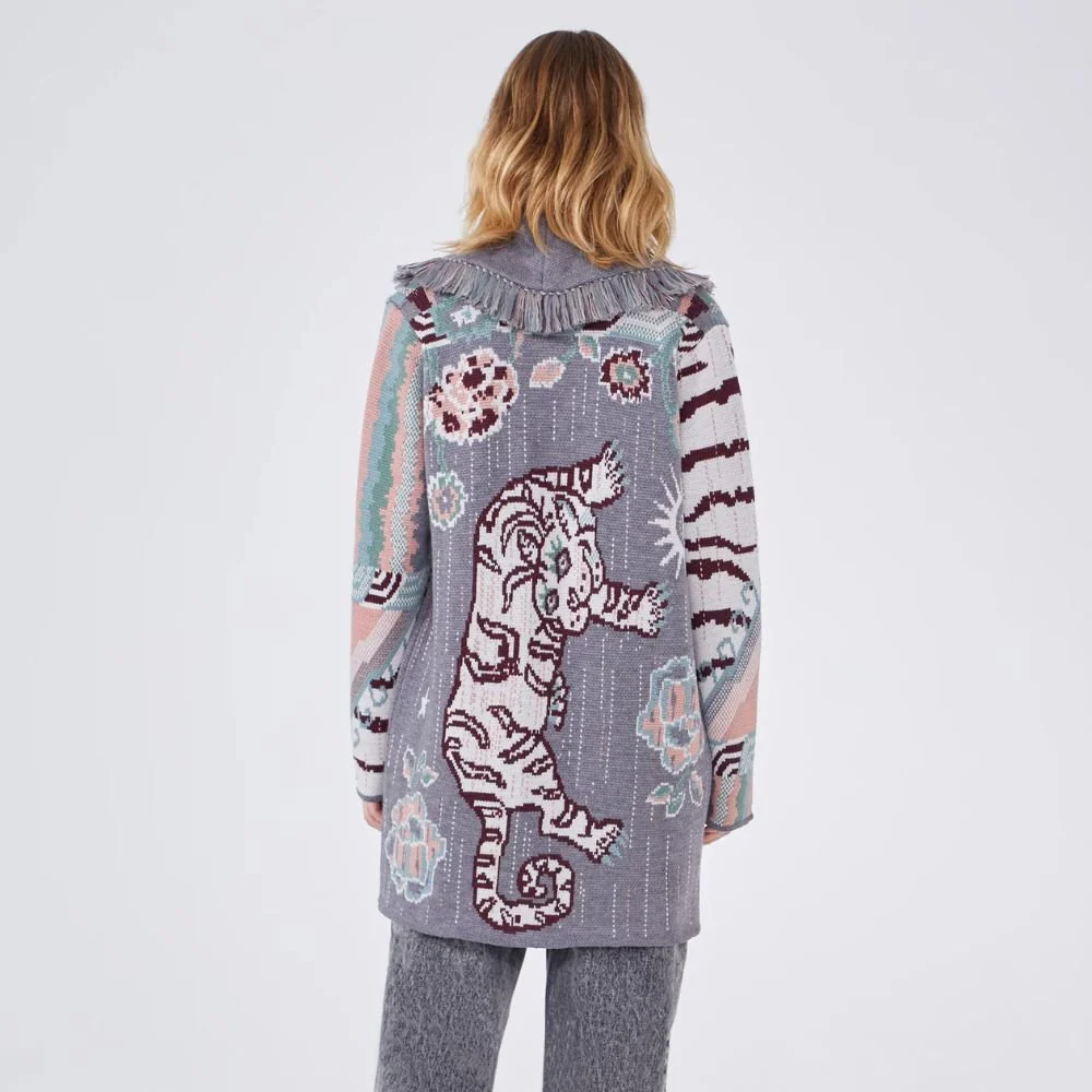 Merino Jacquard Short Cardigan Tibetan Tiger - Grey - Image 5