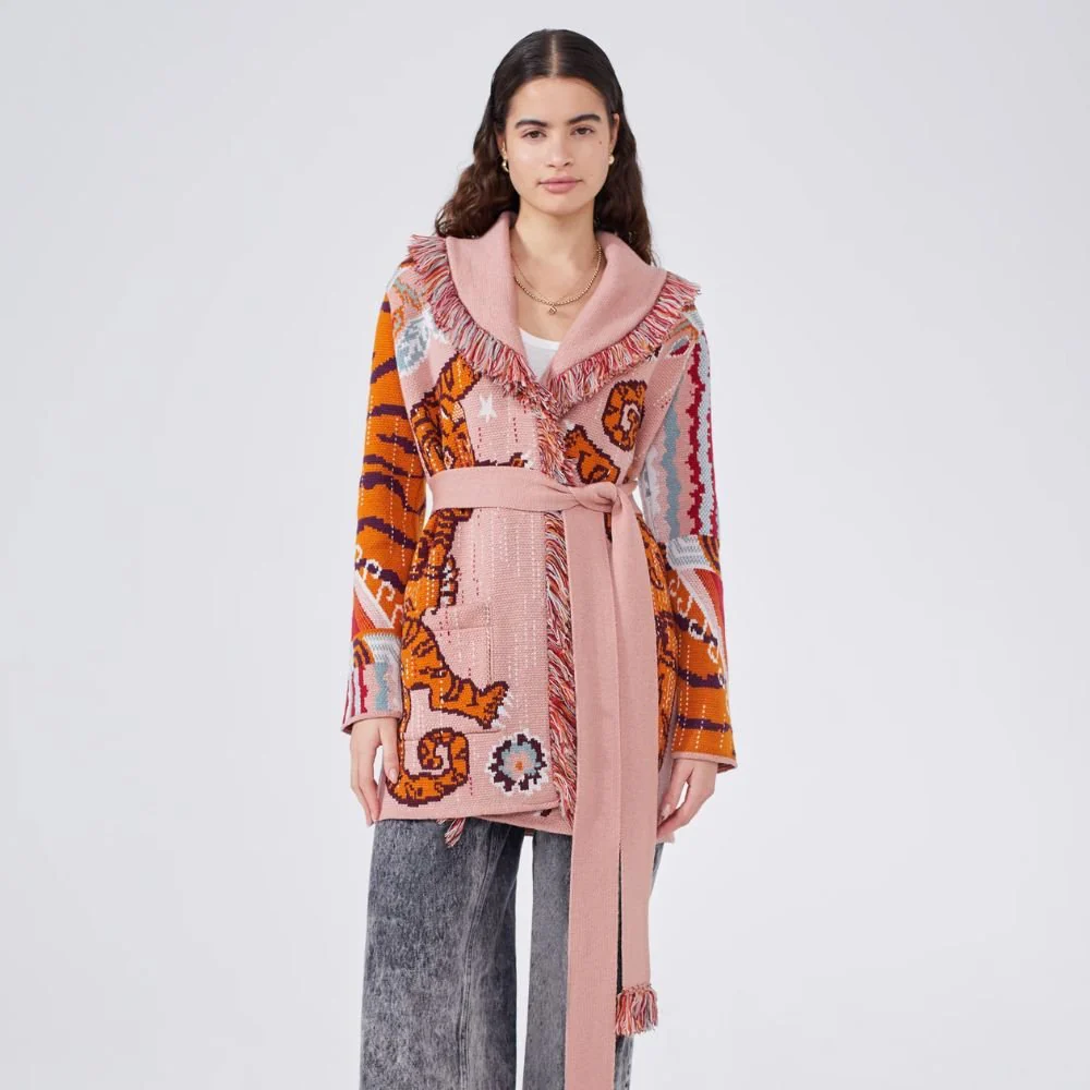 Merino Jacquard Short Cardigan Tibetan Tiger - Pink - Image 2