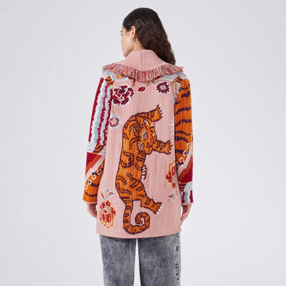 Merino Jacquard Short Cardigan Tibetan Tiger - Pink - Image 4