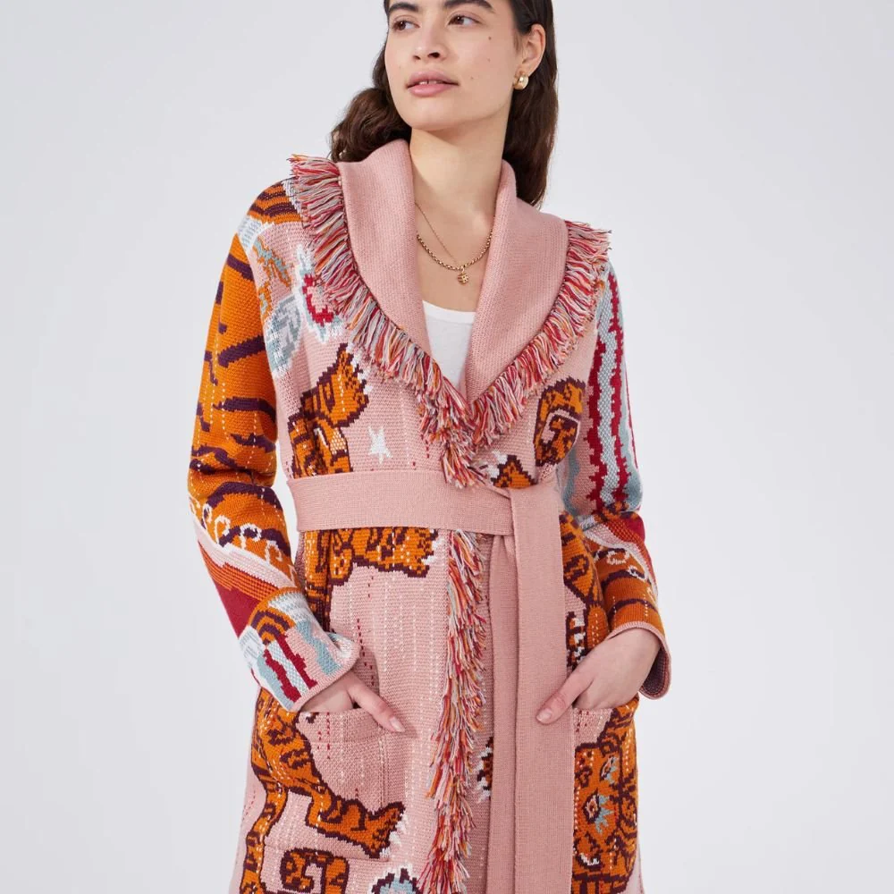 Merino Jacquard Short Cardigan Tibetan Tiger - Pink - Image 6