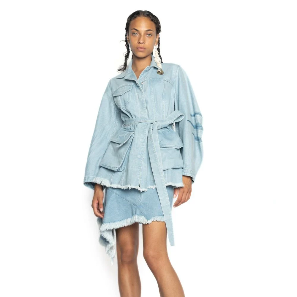 Denim Round Sleeve Multi Pocket Jacket - Mid Blue - Image 2