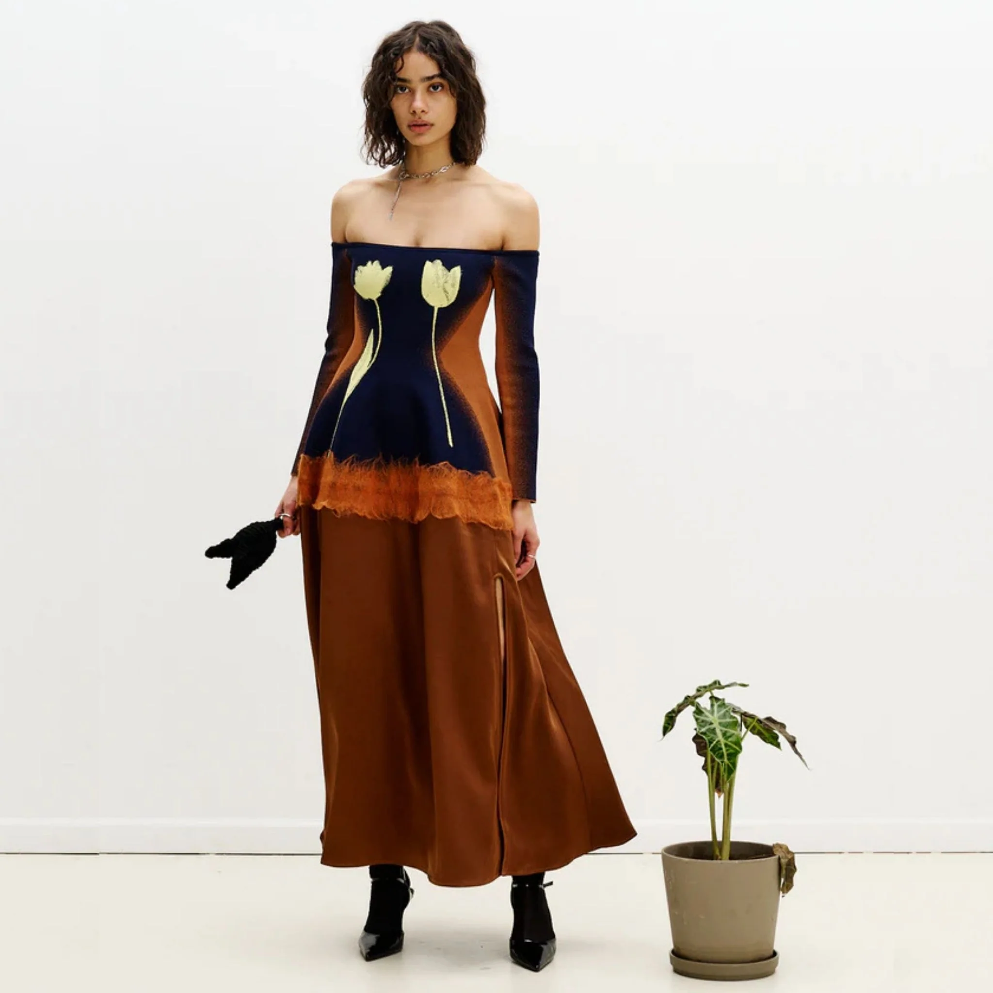 Brioni Needle Punch Maxi Dress- Brown & Navy - Image 5