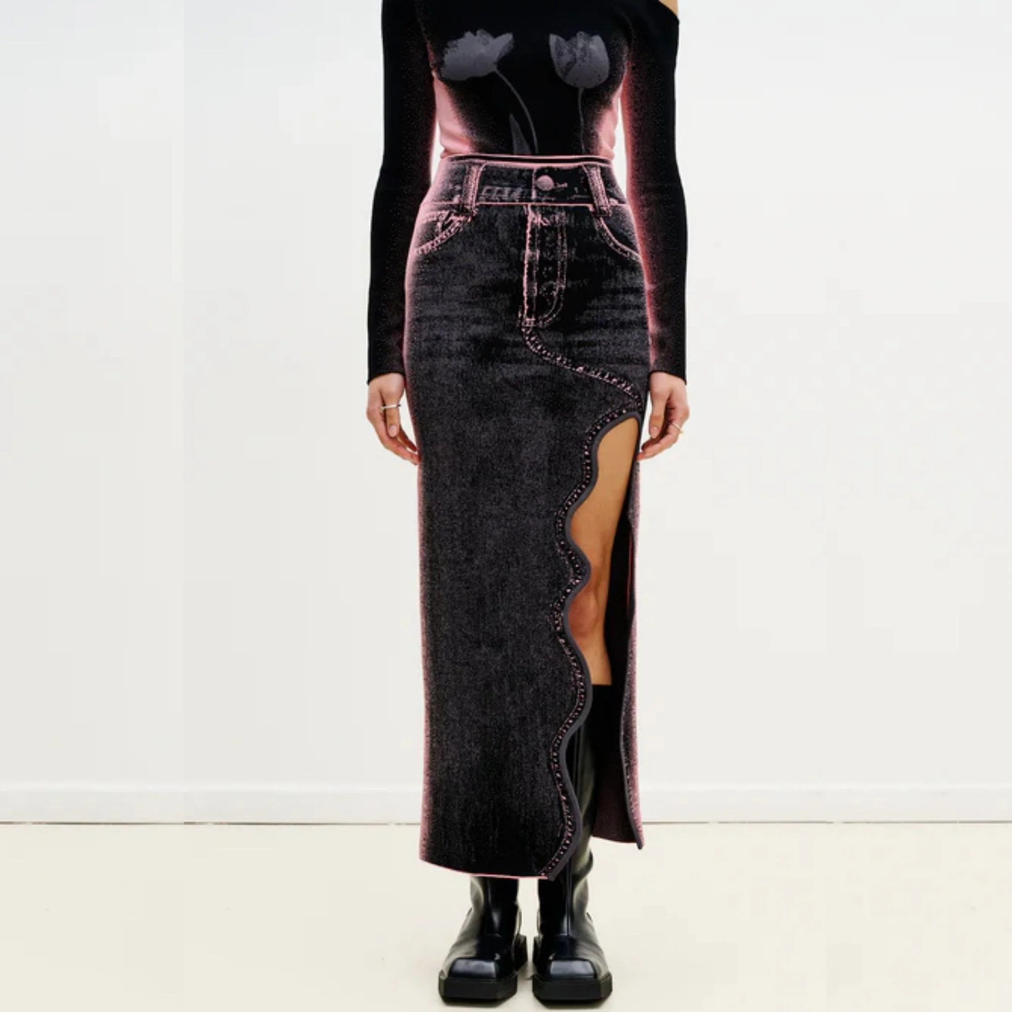 Lily Wavy Midi Denim Skirt - Pink Buff - Image 3