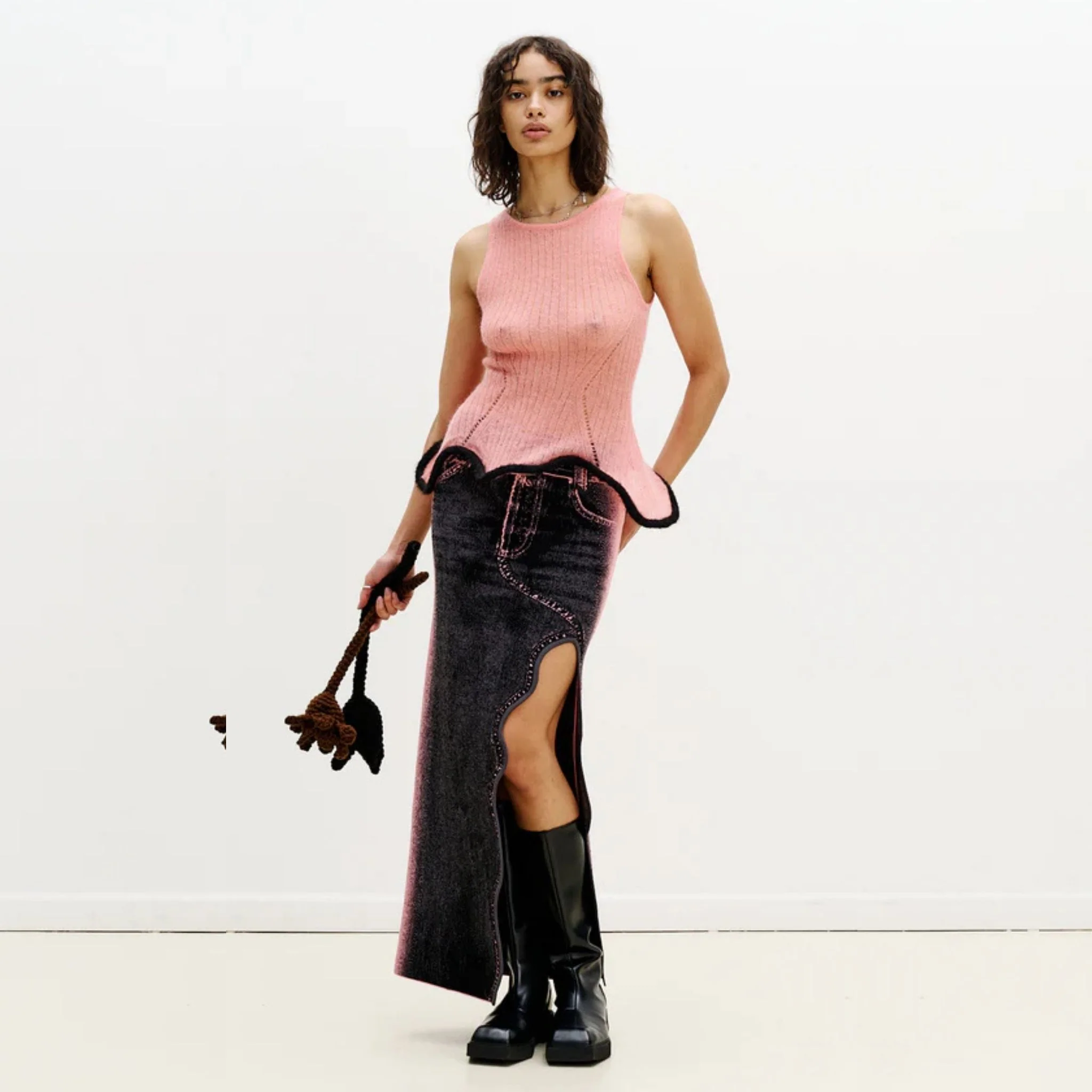 Lily Wavy Midi Denim Skirt - Pink Buff - Image 6
